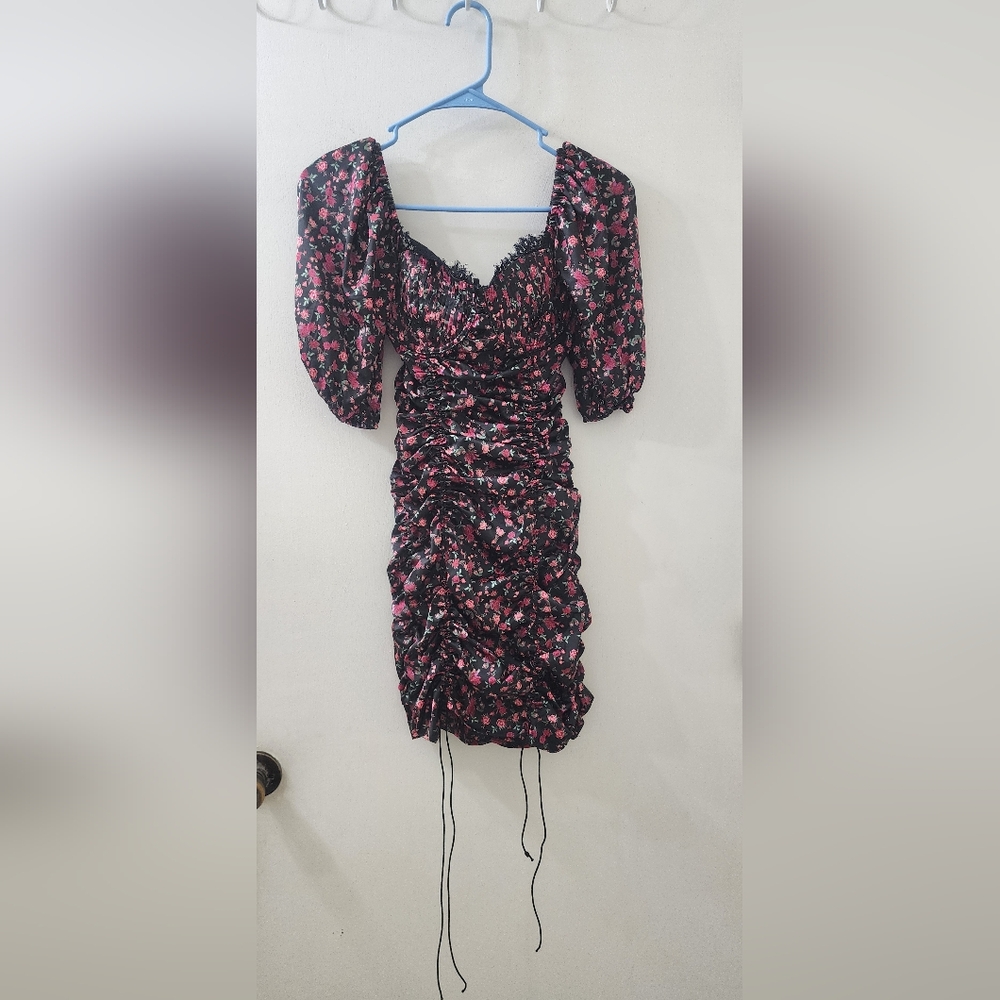 For Love And Lemons Floral Black and Pink Ruched Dress.